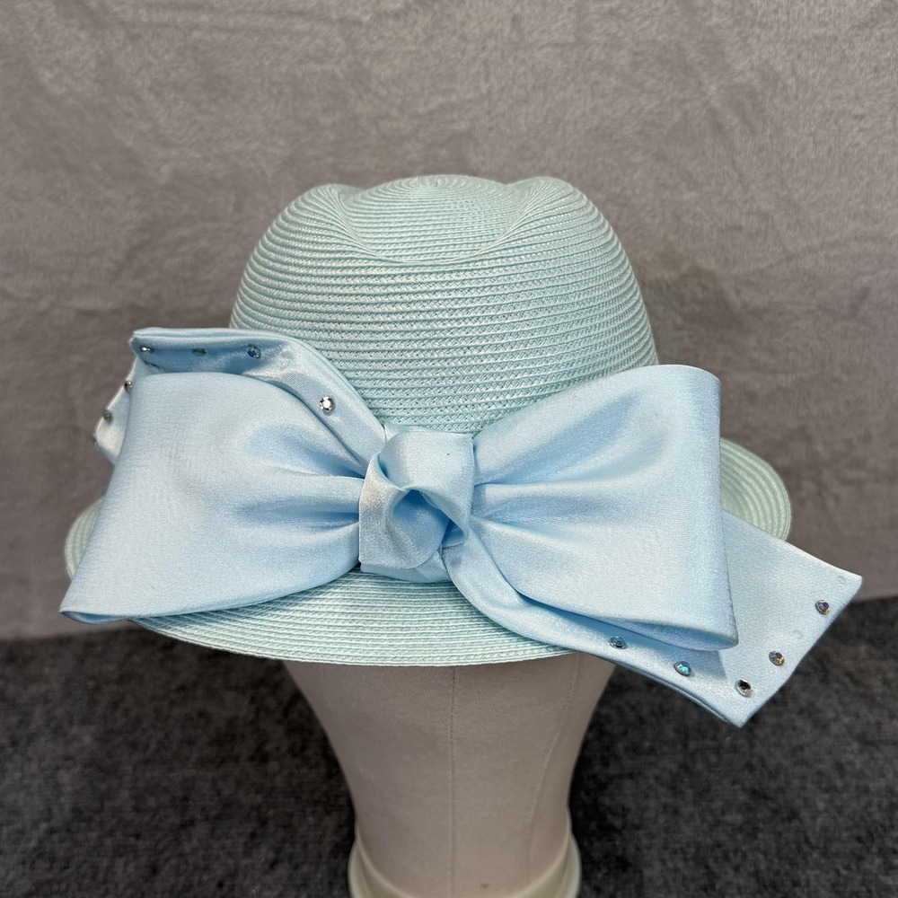 Mr. Hi's Collection Hat Cloche Womens Blue Satin Bow Rhinestone Derby Church NWT